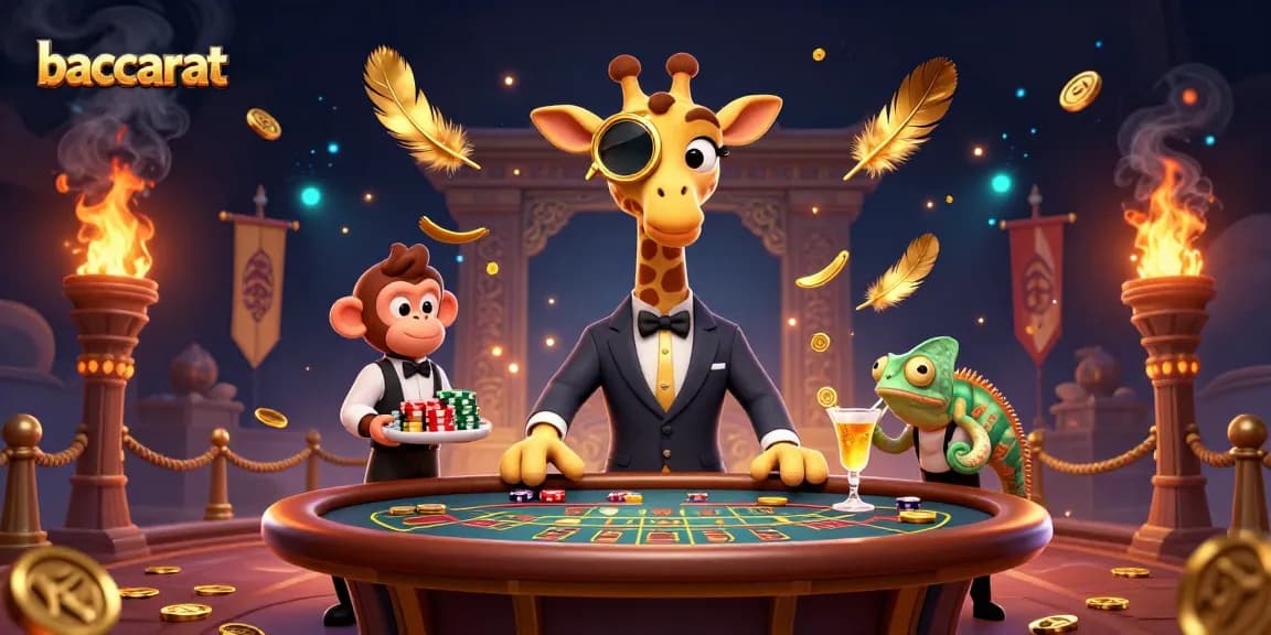 Baccarat table scene featuring a high-roller giraffe and characters engaging in casino action with gold and ember effects.