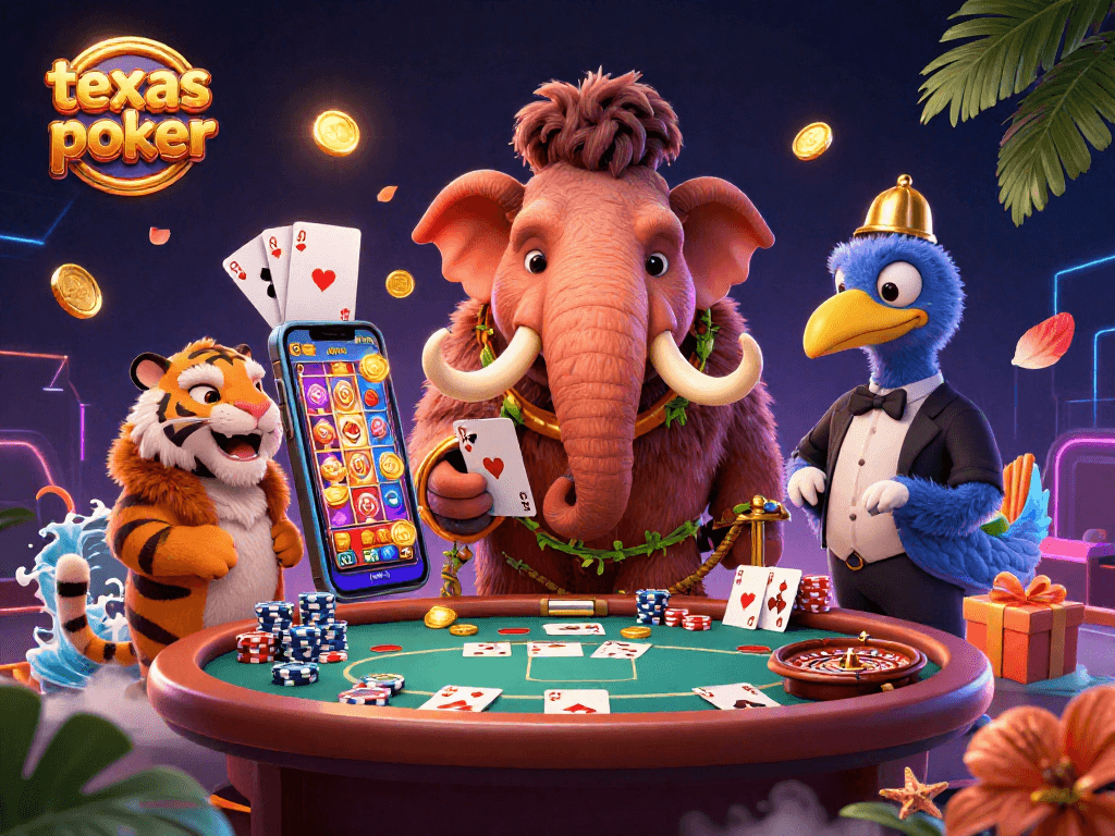 Experience exciting texas poker games with vibrant characters and dynamic casino elements.