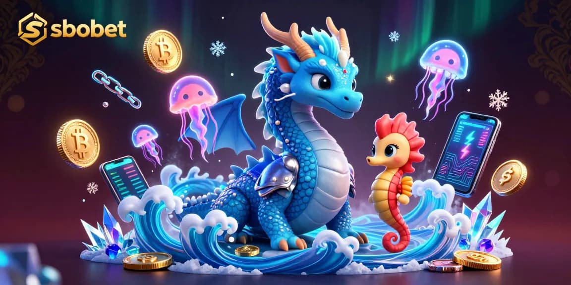 Bet on sbobet with this vibrant 3D casino illustration showcasing a dragon and digital coins.
