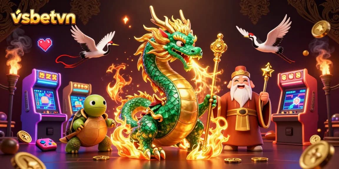 Engage in immersive gaming at vsbetvn with a dynamic 3D scene featuring lucky dragons, turtles, and cranes.