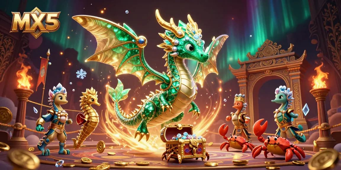 Win big at MX5 with an enchanting 3D casino scene featuring a leafy sea dragon and treasure.