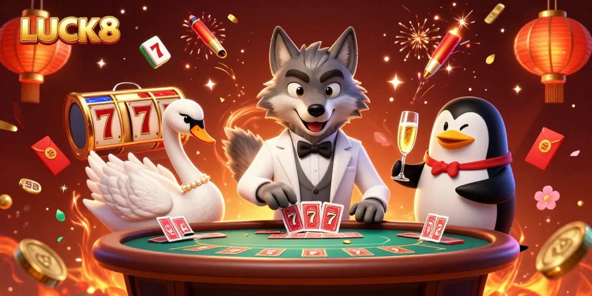 Engage with LUCK8's thrilling baccarat experience featuring animated characters at a casino table.