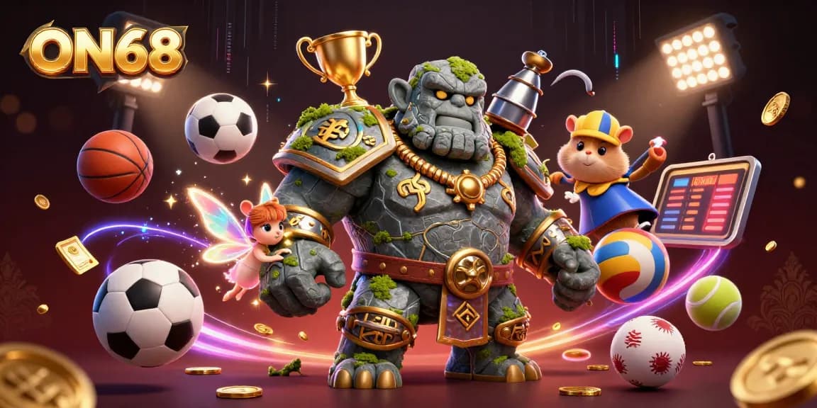 Experience thrilling gaming action at ON68 with a majestic stone golem guarding a vibrant casino scene.