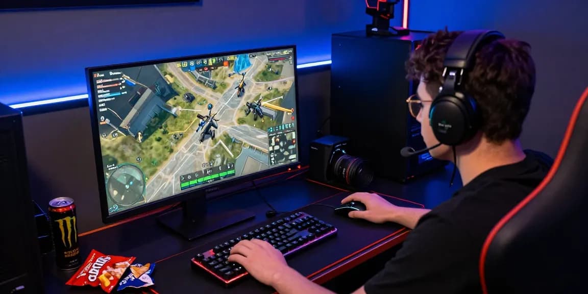 Engaged gamer using ArmA 3 Hacks with focused gameplay setup, showcasing tactical strategies and gaming peripherals.