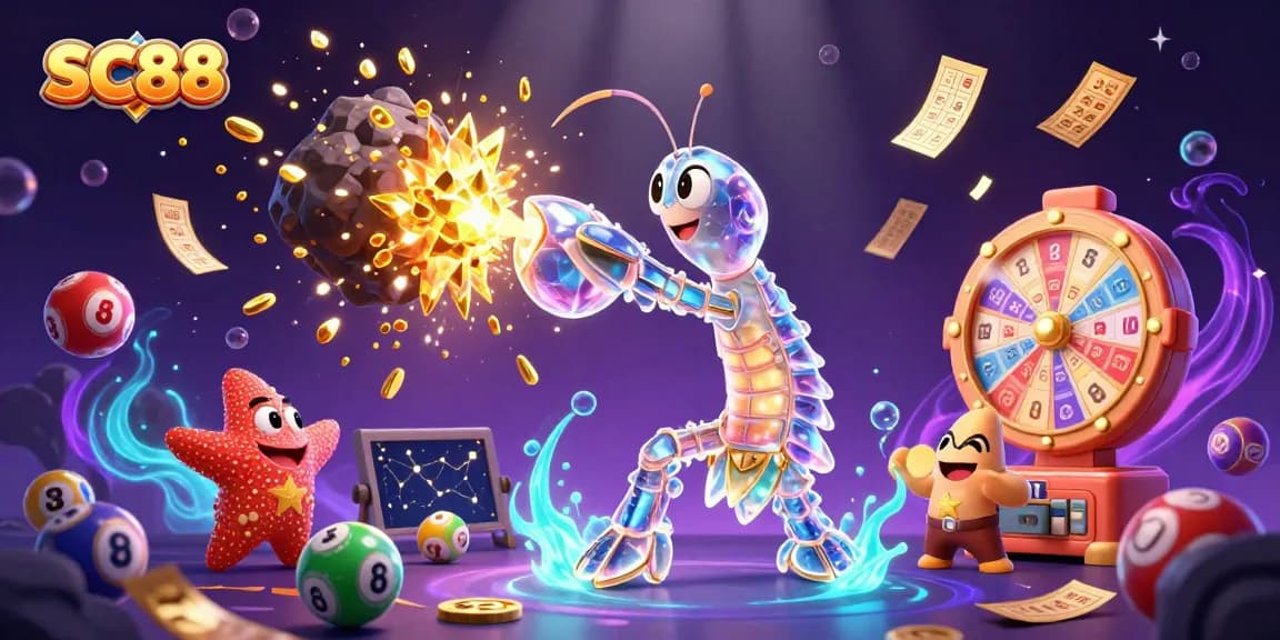 Engage with SC88 in a vibrant 3D casino world filled with lottery balls, gems, and a galactic samurai.