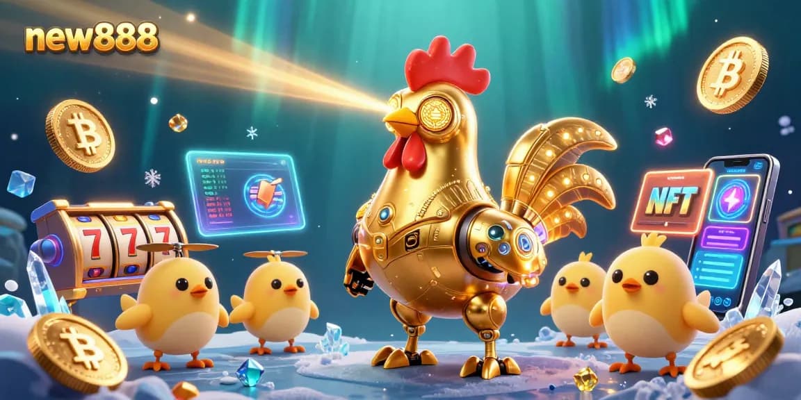 Win big with new888 at this vibrant 3D casino illustration showcasing exciting game elements and characters.