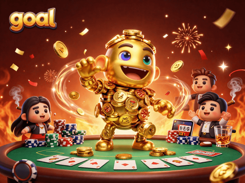 Experience the thrill of goal betting with a golden golem at a poker table surrounded by winning opportunities.
