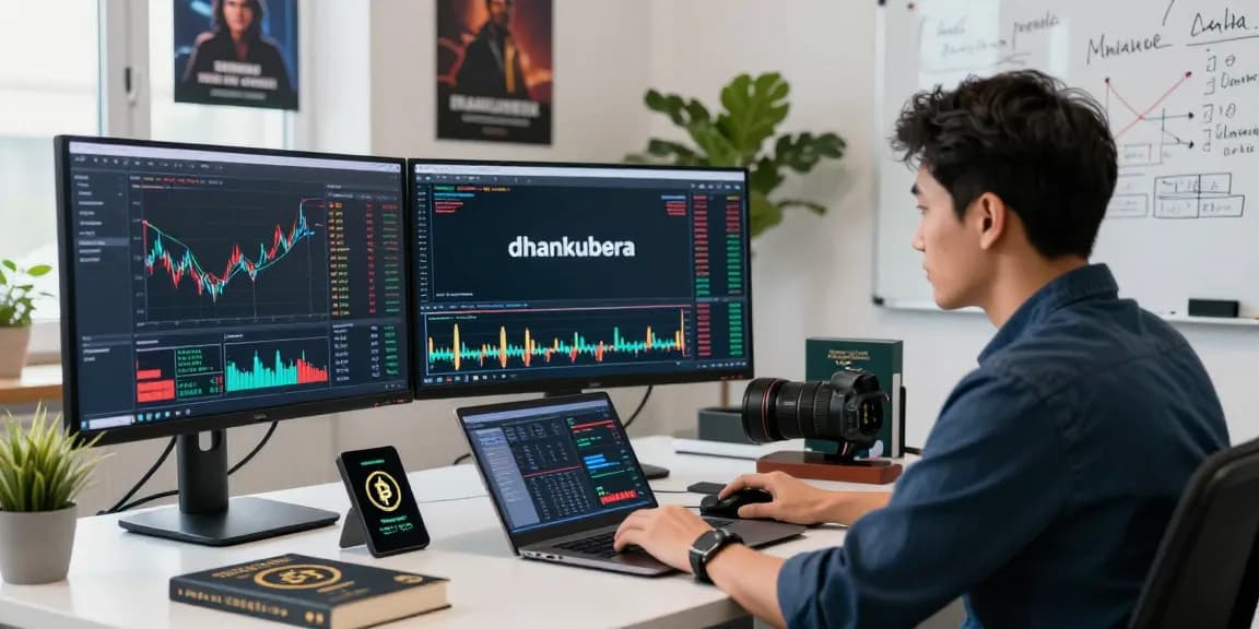 Trader analyzing cryptocurrency trends with dhankubera on multiple screens in a modern office.