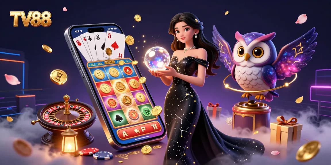 Engage in thrilling gameplay at TV88, showcasing a captivating casino scene featuring a mystical woman and owl amidst dynamic slot games and casino elements.