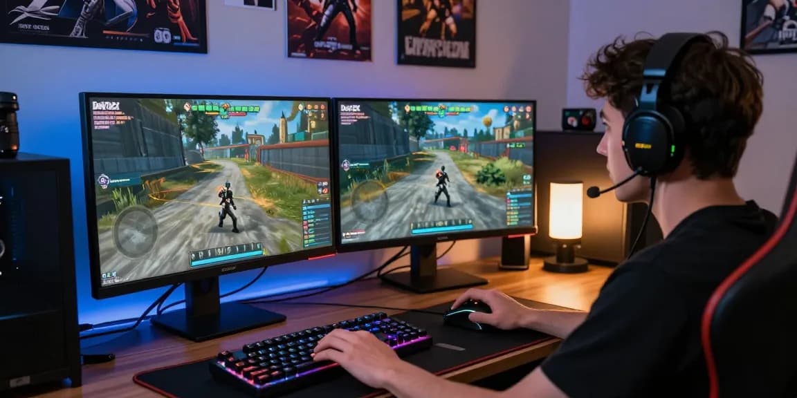DayZ Hack gaming setup with dual monitors, aimbot overlays, and immersive atmosphere