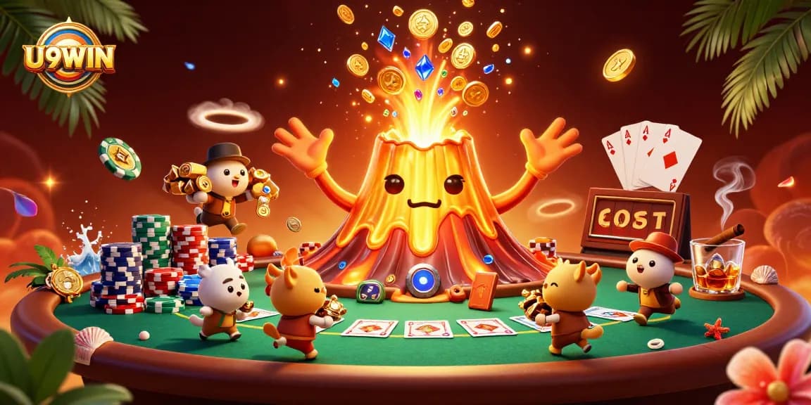 Experience the thrilling U9WIN casino scene filled with vibrant poker elements and treasure.