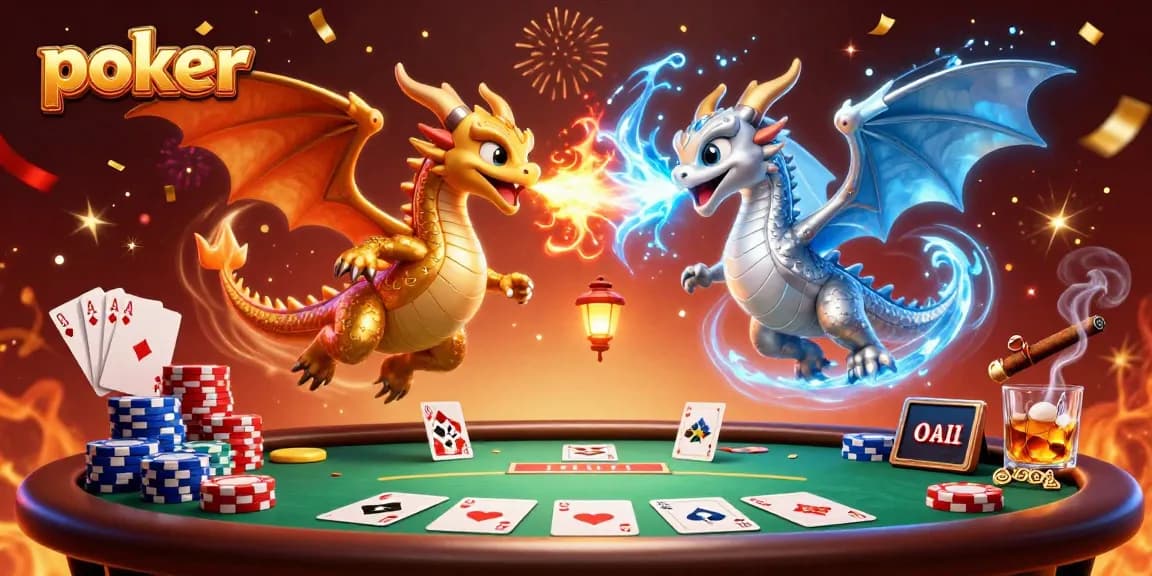 Engage in exciting poker action with thrilling dragons amidst vibrant casino elements.