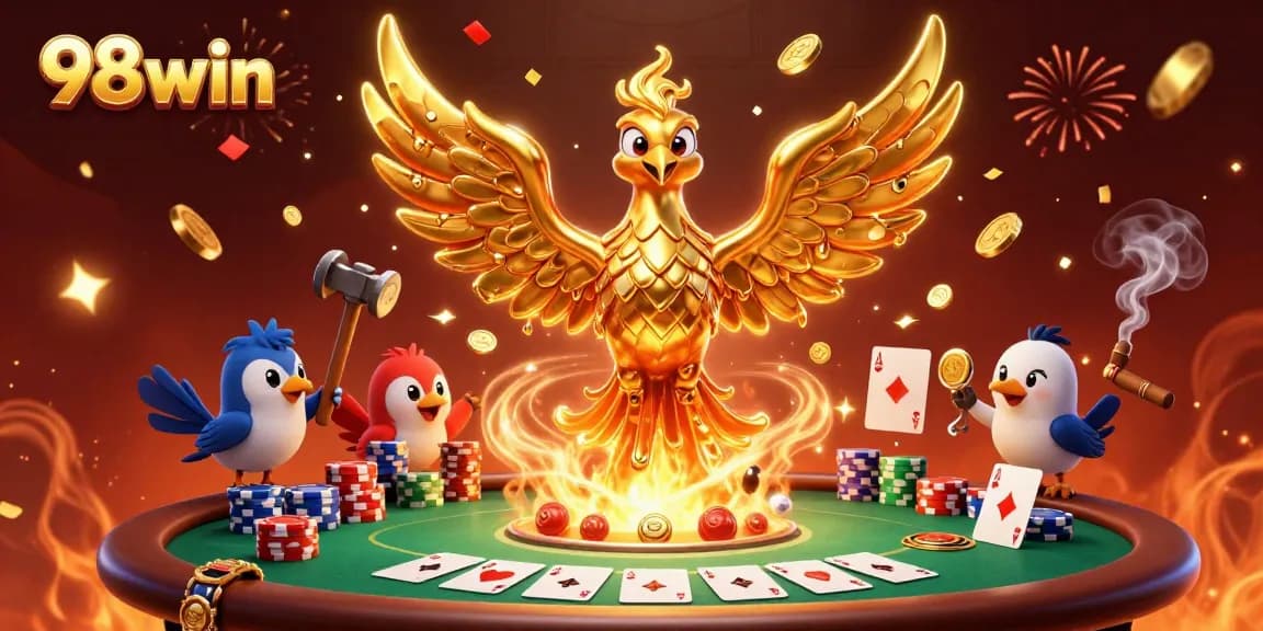 Experience the thrill of 98win as molten gold coins spring from a golden phoenix at a vibrant casino scene.
