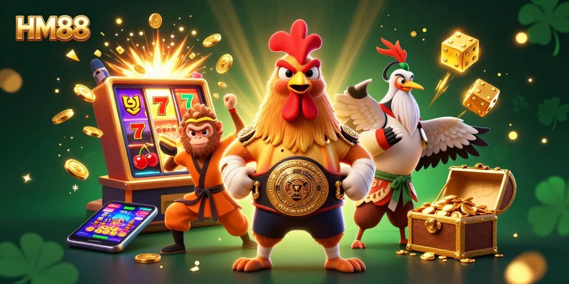 Engage in exciting gameplay at HM88 with a dynamic casino atmosphere featuring vivid characters and a jackpot theme.