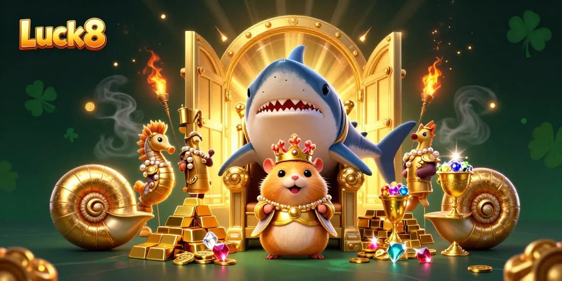 Experience Luck8 casino thrills with a golden hamster king atop a megalodon throne amidst treasure and excitement.
