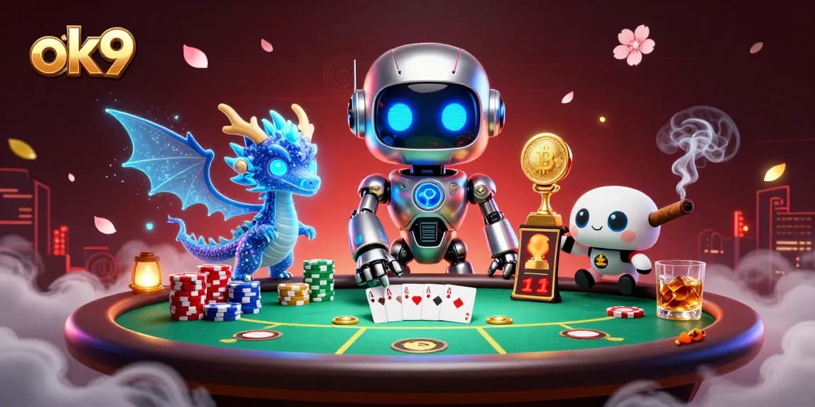 Experience thrilling poker action with ok9 as a cyberpunk robot and AI dragon spark excitement.