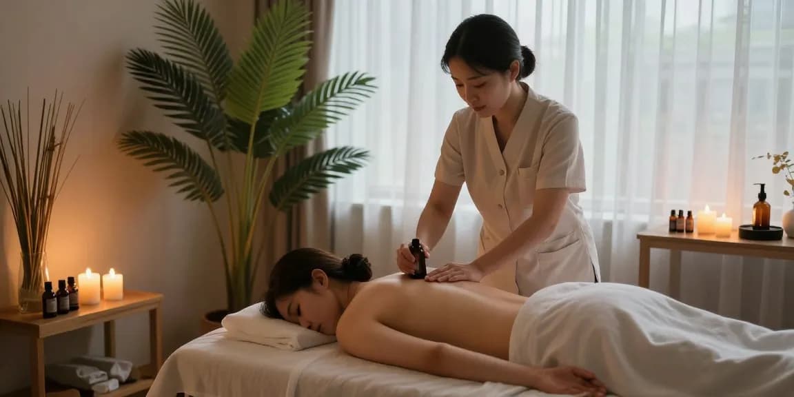 Relaxing 강남출장안마 massage therapy session in a serene spa environment with ambient lighting and tropical plants.