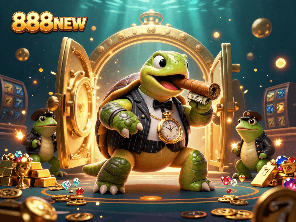 Play slots at 888NEW with a colorful scene featuring a snapping turtle and bullfrogs, rich in casino-themed elements.
