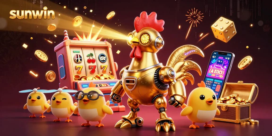 Experience sunwin gaming with a retro-futuristic golden rooster robot leading a jackpot explosion scene.