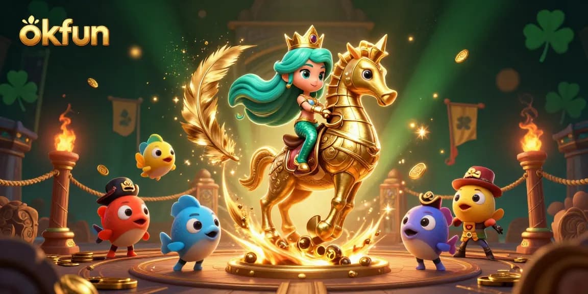 Experience the vibrant world of okfun with a colorful mermaid and giant seahorse in a lively casino scene.