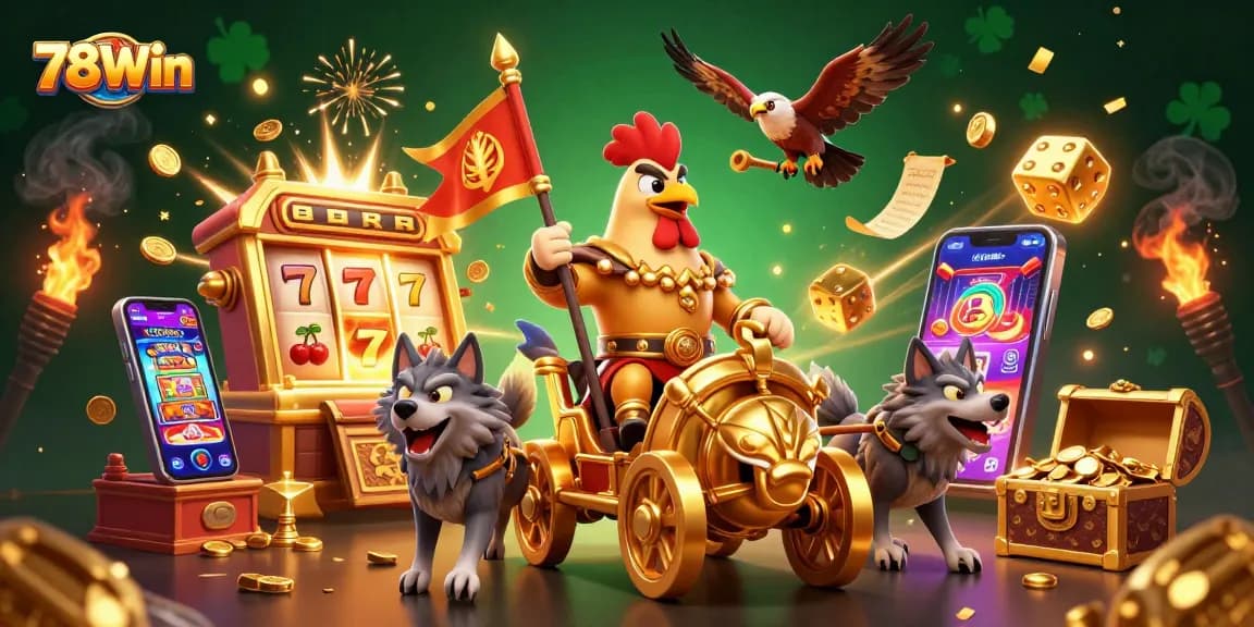 Experience the thrill of 78Win with a jackpot explosion and vibrant gaming elements in a dynamic casino scene.