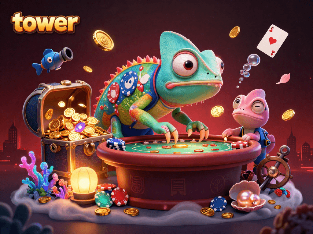 Experience the thrill of tower gambling with vibrant visuals and dynamic chameleon character.