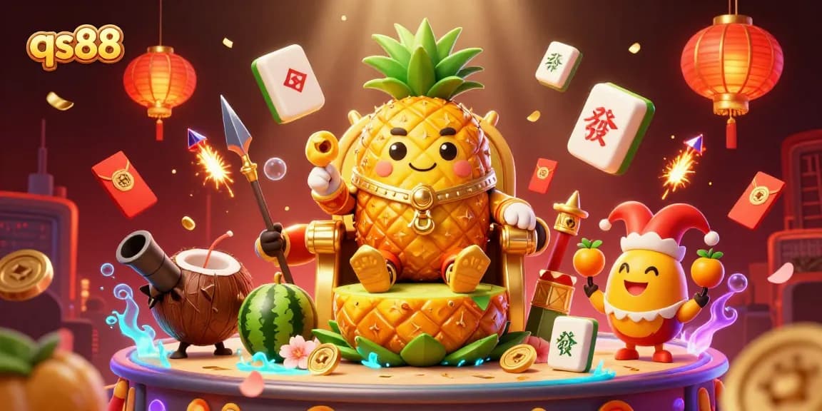 qs88 casino illustration with golden pineapple king, coconut guards, and lively game elements