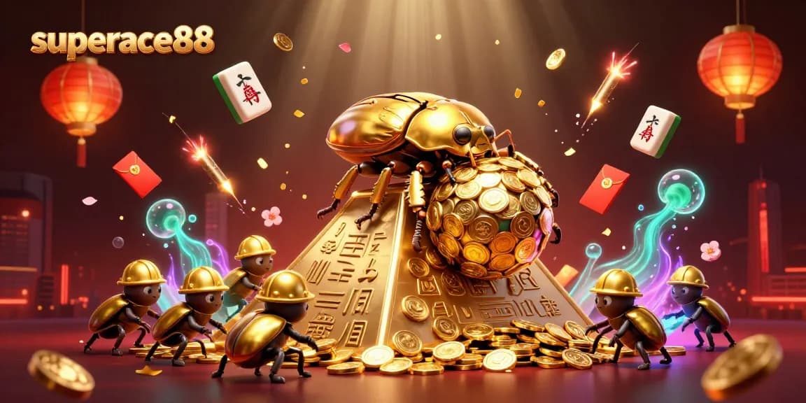 Engage with thrilling gaming at superace88 featuring golden beetles celebrating jackpots.