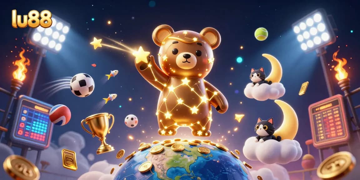 Experience thrilling bets with lu88 in this vibrant 3D casino scene filled with sports elements.