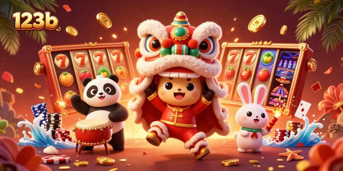 Experience thrilling gameplay at 123b with vibrant slot reels, lively characters, and rich casino atmosphere.
