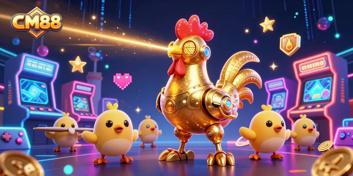 Experience thrilling gameplay at CM88 with vibrant arcade machines and an engaging golden rooster robot.