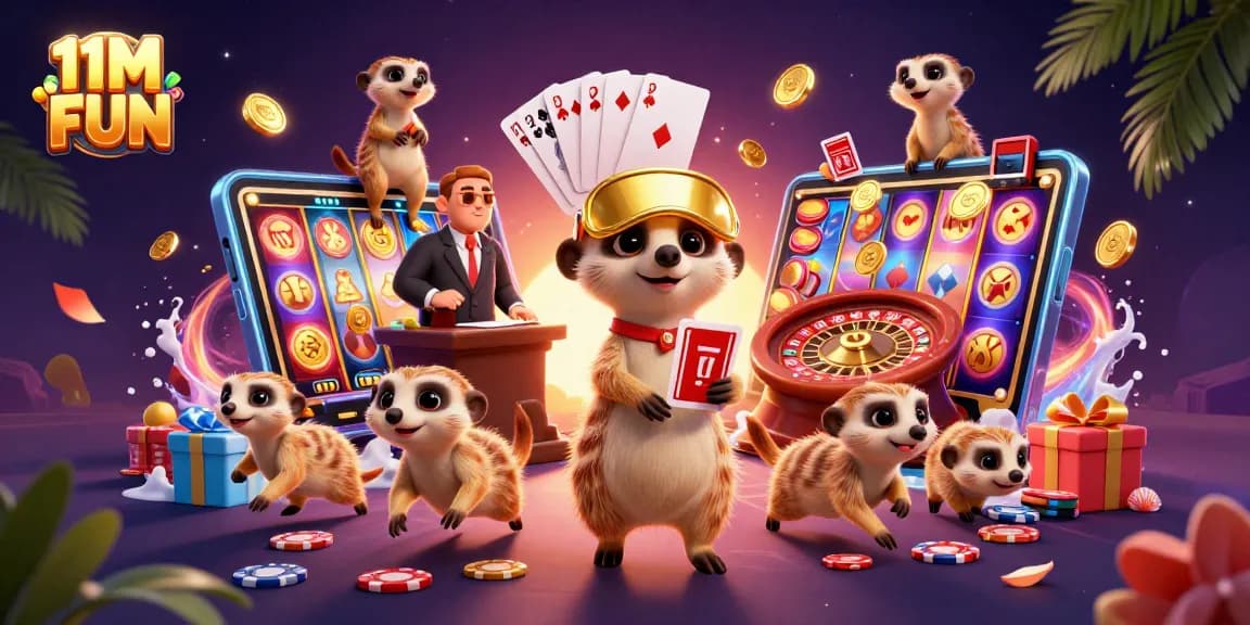 Experience the excitement of 11M FUN with charming meerkats creating an engaging casino scene filled with vibrant gaming elements.