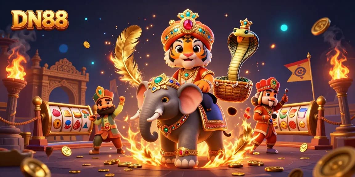 Experience thrilling jackpots at DN88 with a vibrant scene featuring exotic characters and dynamic casino elements.