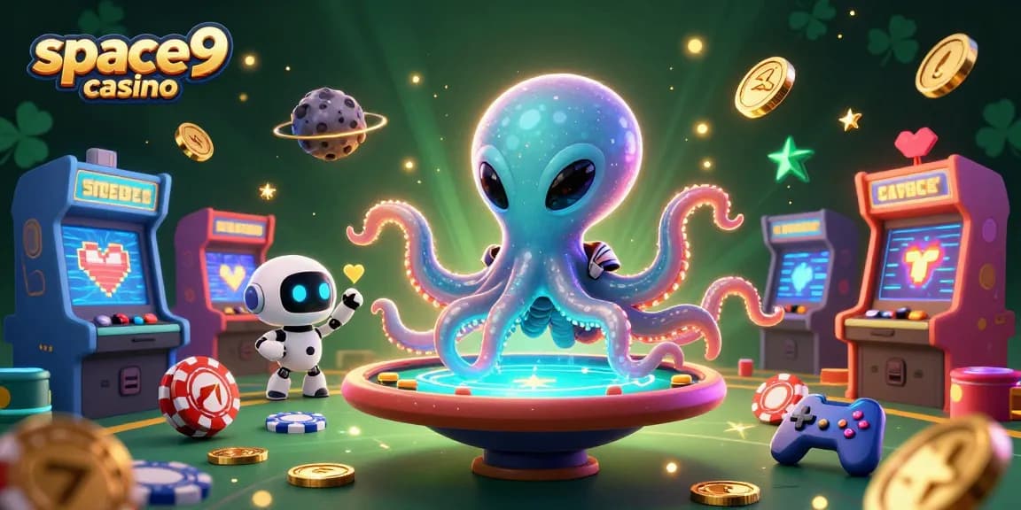 Play exciting games at space9 casino with a vibrant 3D alien octopus and poker action.