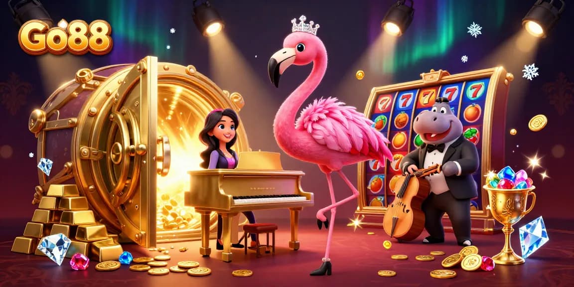Go88 showcases a glamorous casino scene with vibrant characters and rich gaming elements.