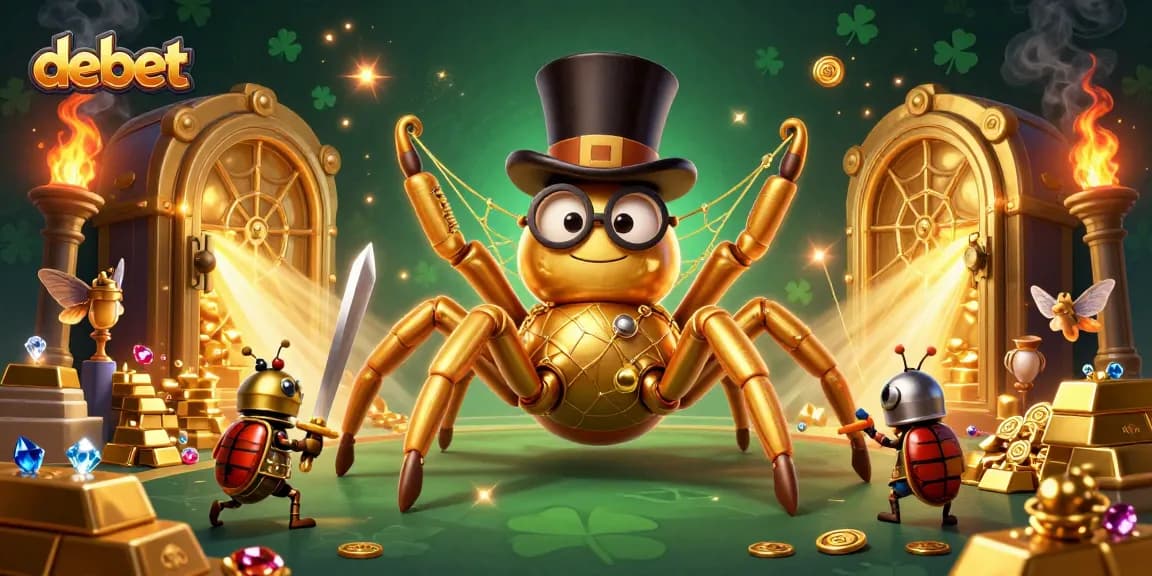 Engage with debet bet strategies in a vibrant casino world led by a golden tarantula.