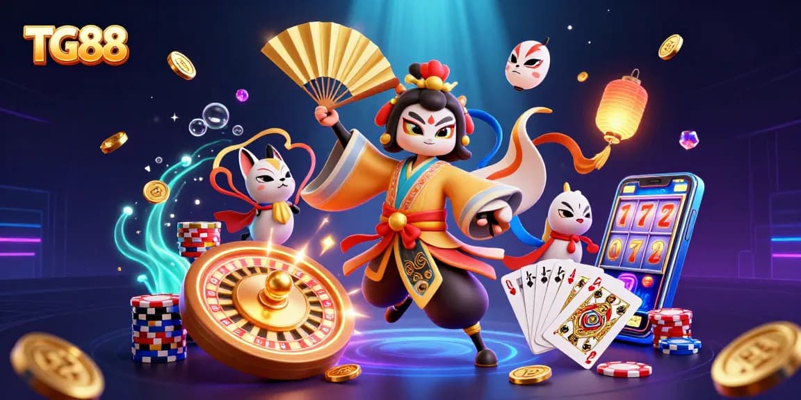 Spin and win with TG88's thrilling casino scene full of vibrant characters and games.