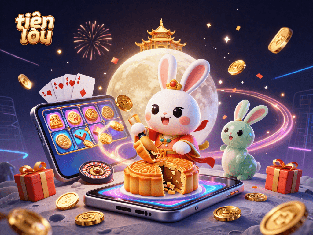 Join the fun with tiến lên as the moon rabbit reveals poker chips hidden in mooncakes alongside vibrant casino elements.
