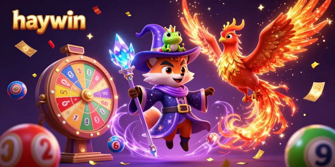 Experience the magic of haywin with a 3D illustration showcasing a wizard fox, phoenix, and dynamic casino game elements.