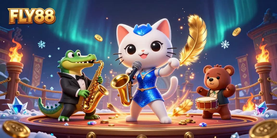 Experience the excitement at FLY88, where vibrant casino characters like a jazzy cat and crocodile perform dynamically.