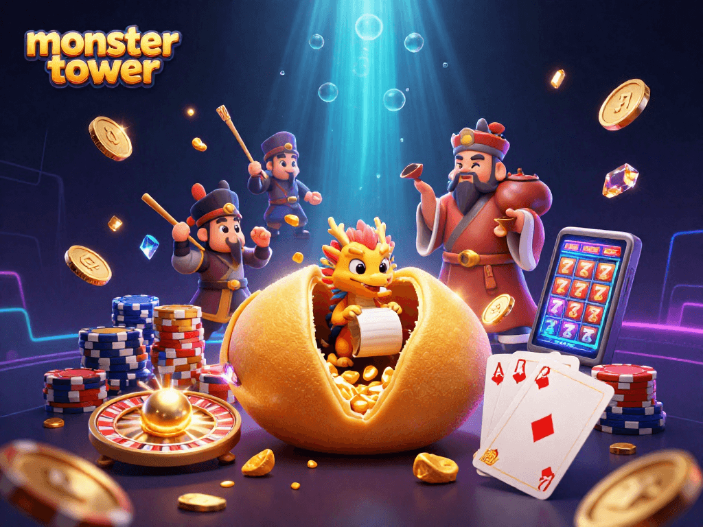 Engage in monster tower gameplay with a vibrant scene of dynamic characters and casino elements.