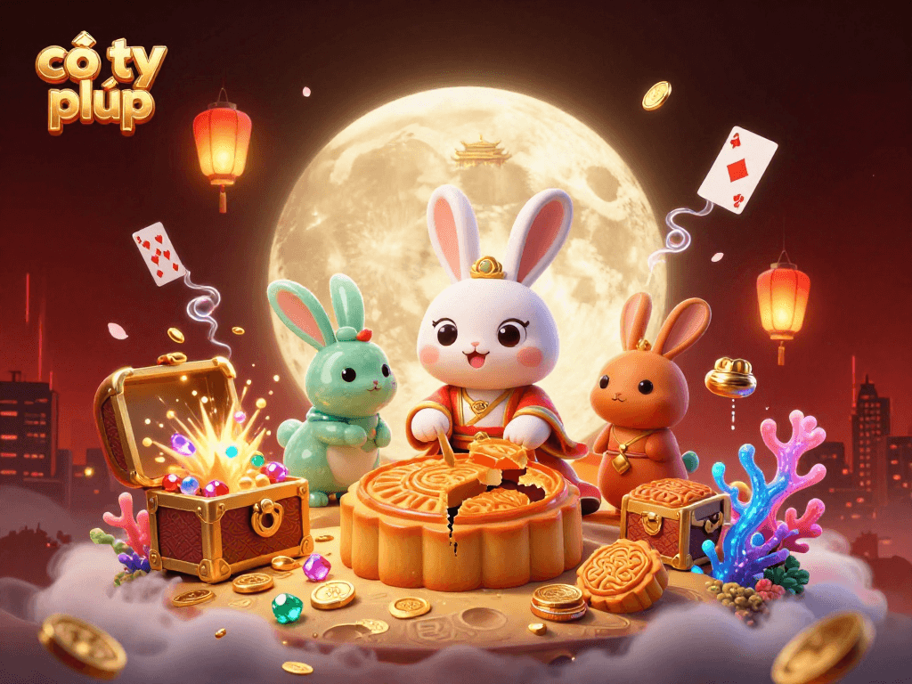 Engage in cờ tỷ phú with a captivating scene featuring a vibrant moon rabbit revealing poker chips amidst treasures.