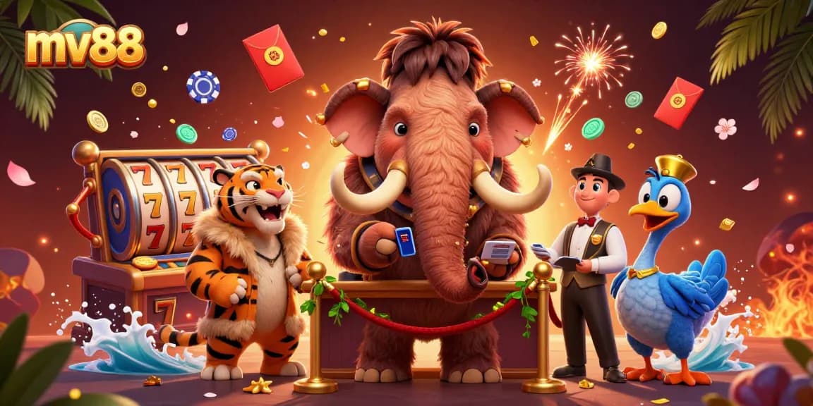Experience thrilling gaming at mv88 as a woolly mammoth checks IDs at the casino entrance.