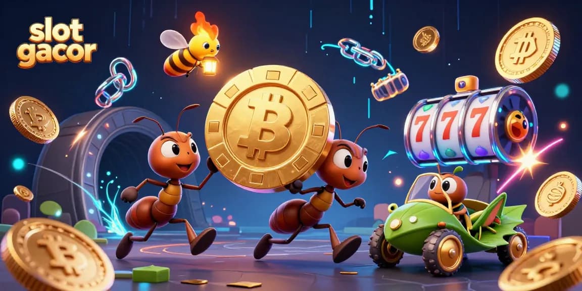Experience exciting slot gacor journeys with animated gambling characters in a vibrant scene.