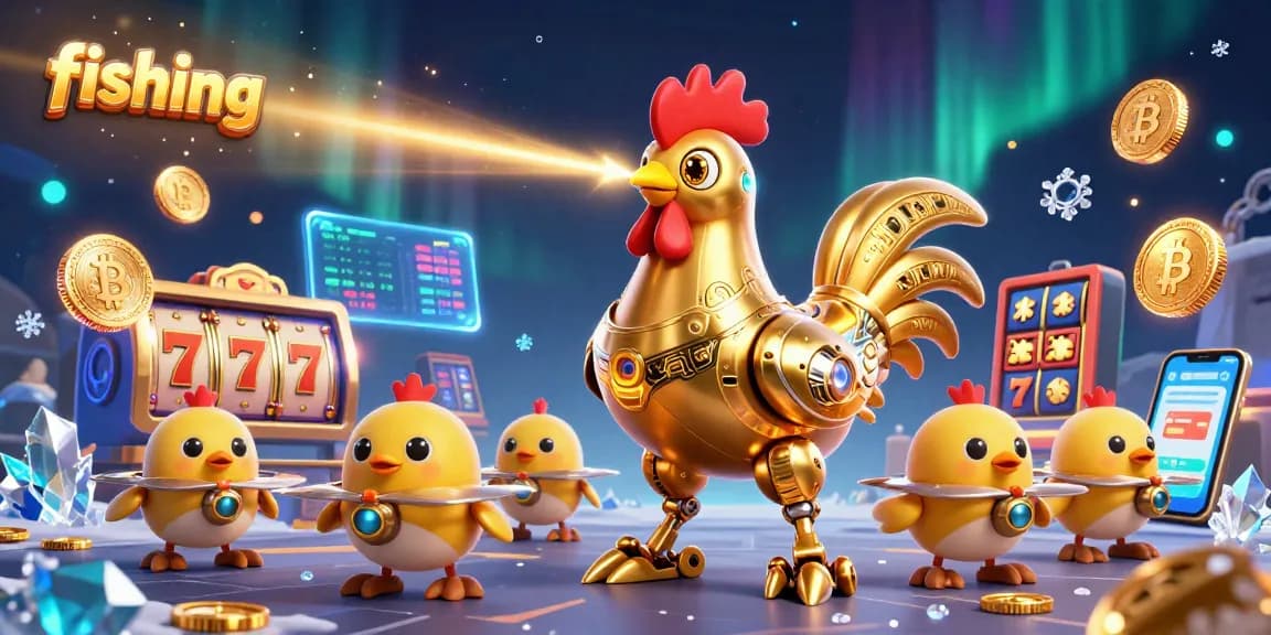Experience the excitement of fishing-themed slots with golden retro robots and crypto coins.