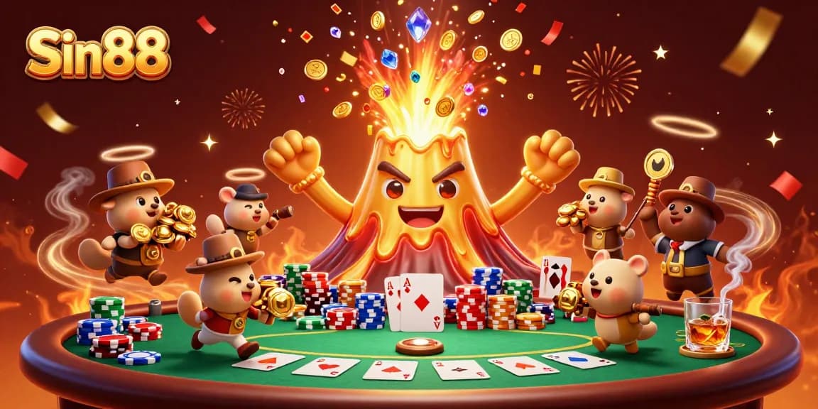 Experience thrilling gameplay at Sin88 with a triumphant golden volcano and poker excitement!