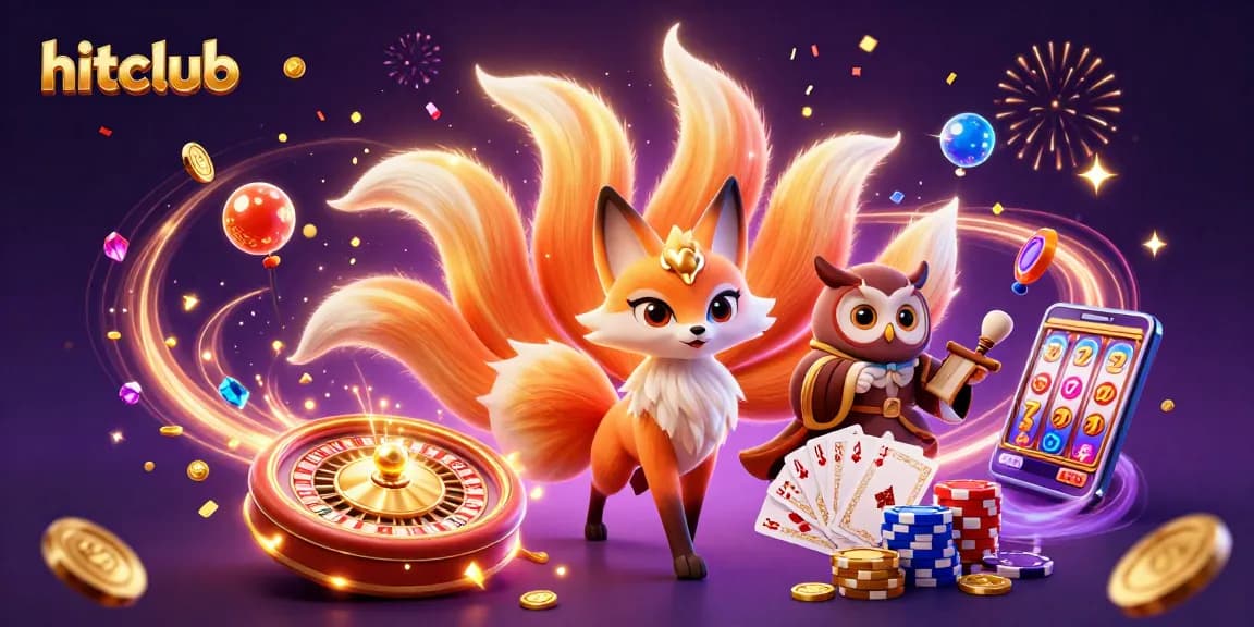 Hitclub showcases colorful animated casino elements including a nine-tailed fox, coins, and playing cards for gaming excitement.