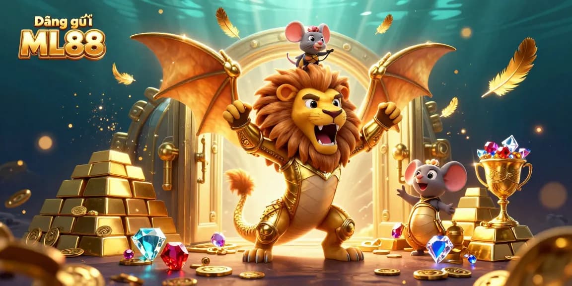 Experience thrilling gaming action with Đăng ký ML88 at a lively casino, featuring vibrant characters and treasure.