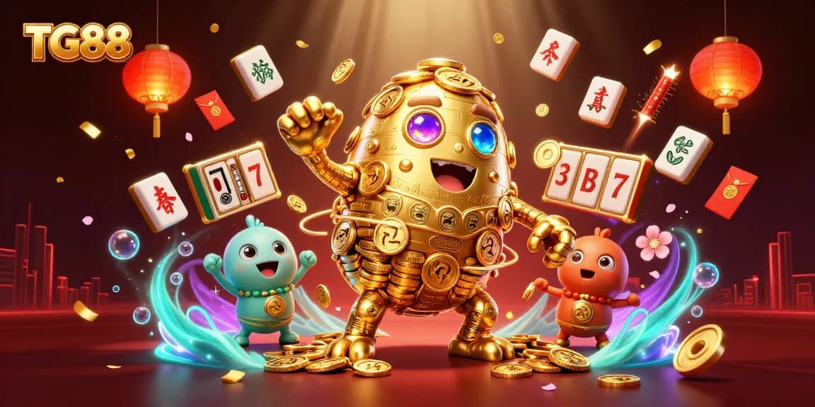 Spin the slots at TG88 with this immersive 3D illustration showcasing a golden golem and casino elements.