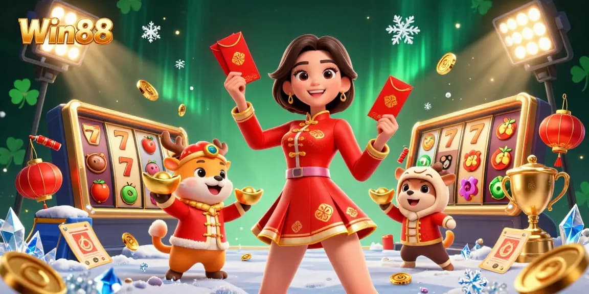 Win88 offers thrilling slots and jackpots with vibrant Asian festive illustrations.